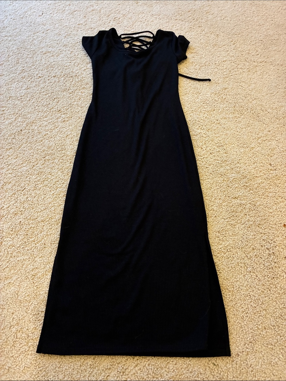 one clothing Black Ribbed Maxi Dress with Lace-Up Back XXS